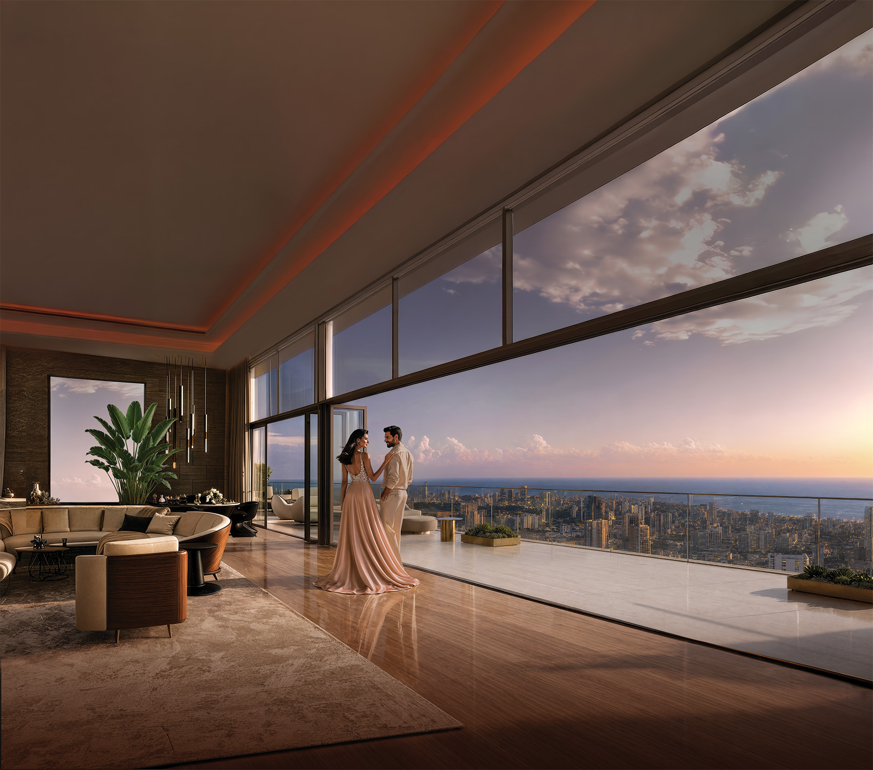 Luxury penthouse interior with panoramic city views at sunset